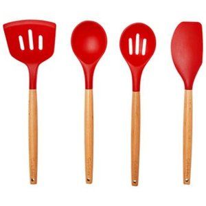 SUR LA TABLE in Red. FOUR PIECES: Spatula, Slotted Spoon, Slotted Turner, Spoon